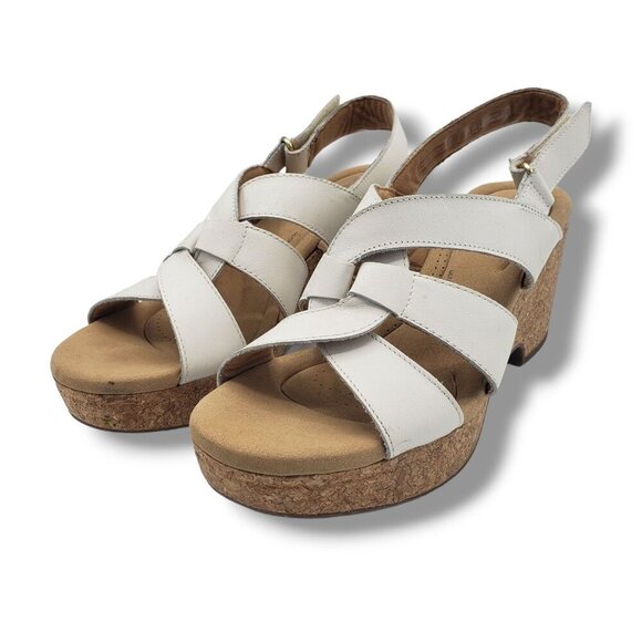 Clarks‎ Collection Giselle Beach Wedge Sandals Womens 11 White Leather Cork - Picture 4 of 9
